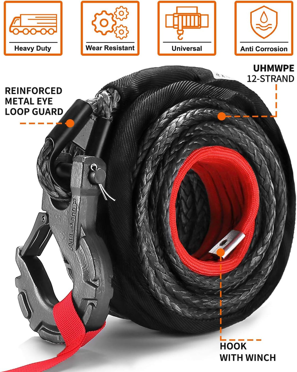 Synthetic Winch Rope Cable Kit with Protective Sleeve, Forged Winch Hook, Safety Pull Strap T631