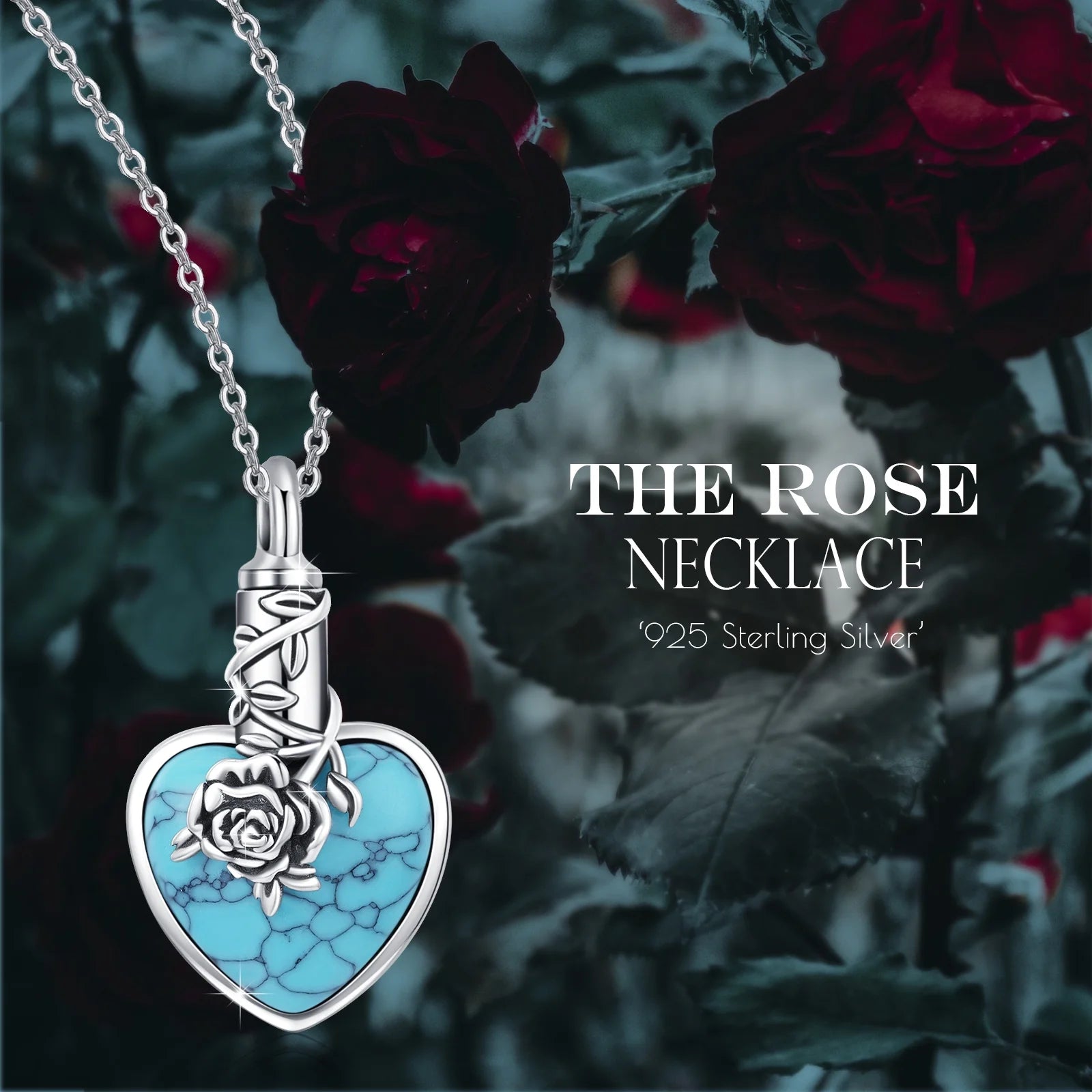 Natural Turquoise Urn Necklace Sterling Silver Heart Pendant Necklaces for Ashes A12170