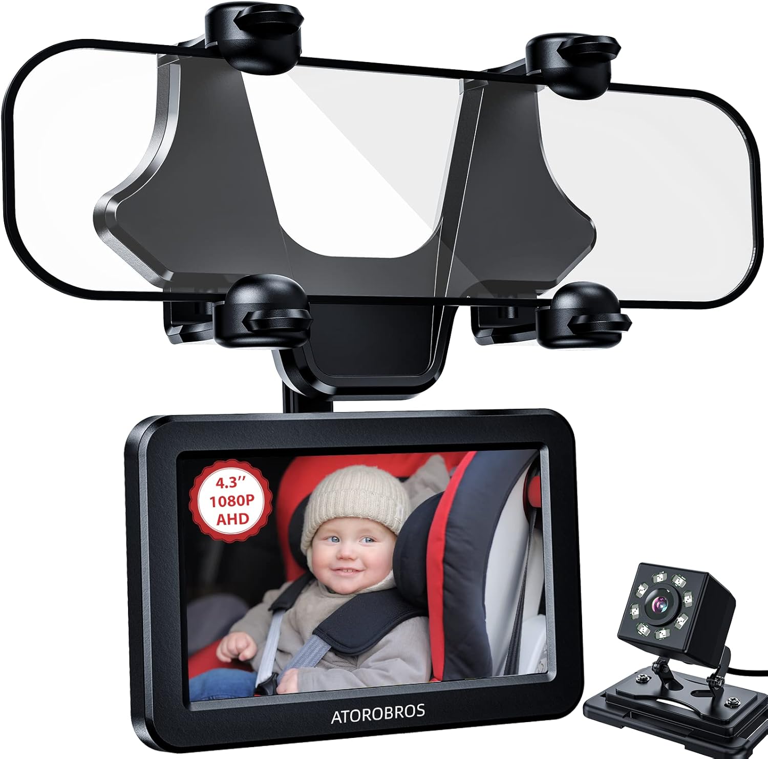 Baby Car Camera with 4.3'' HD Display, 1080P Night Vision, 360° Rearview Mirror Display Bracket R775105