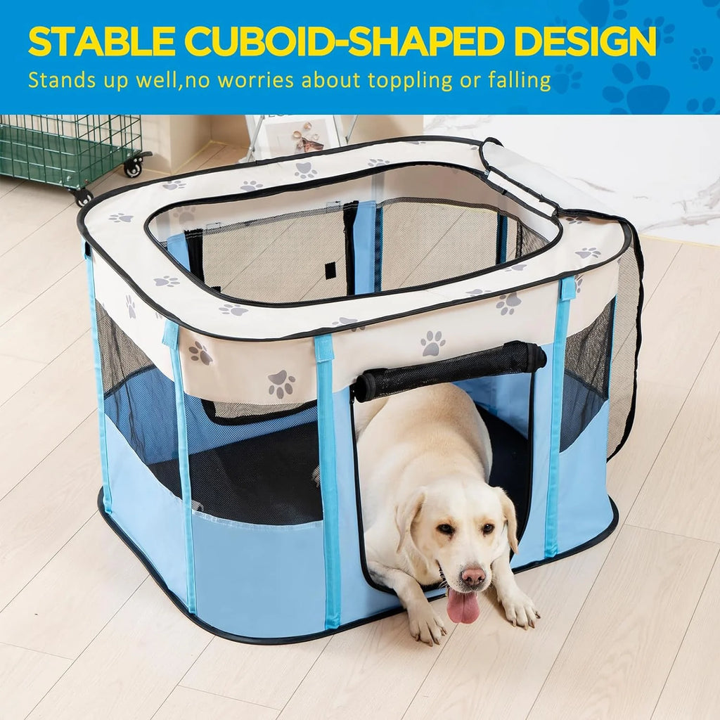 Blue Foldable Pop Up Pet Playpen with Floor and Mesh Door F63890