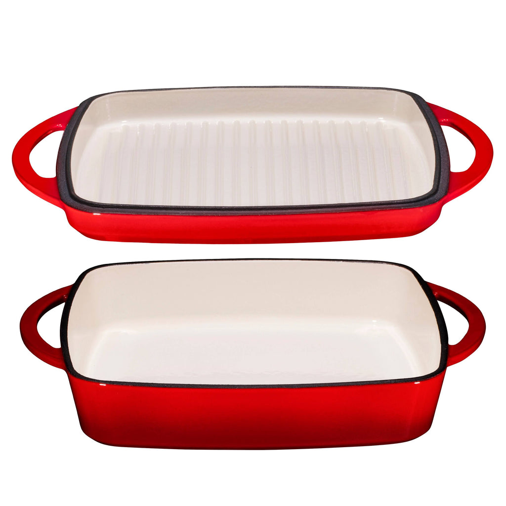 Fire Red Enameled Cast Iron Square Casserole Baking Pan with Griddle Lid H66149