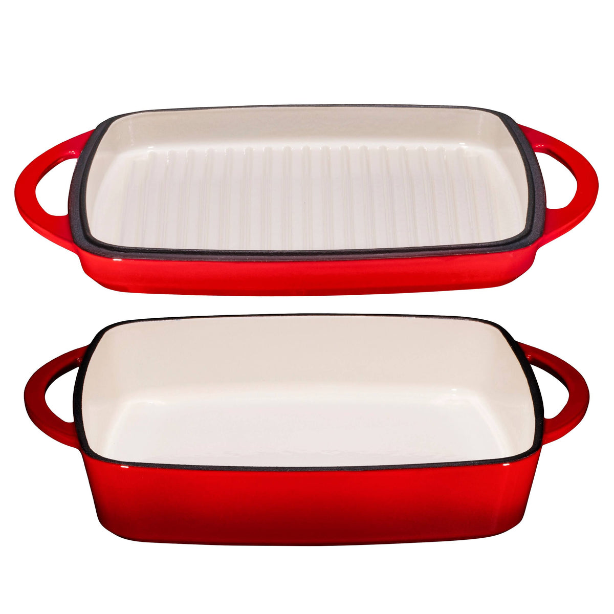 Fire Red Enameled Cast Iron Square Casserole Baking Pan with Griddle Lid H66149