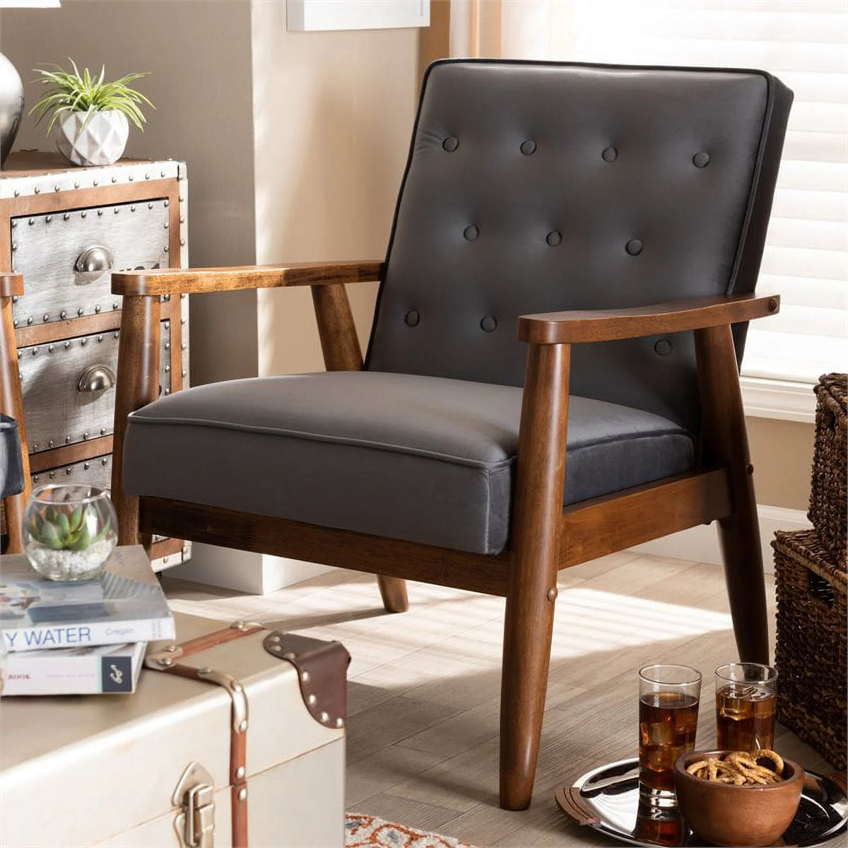 Grey Velvet Upholstered Wood Lounge Chair I7649