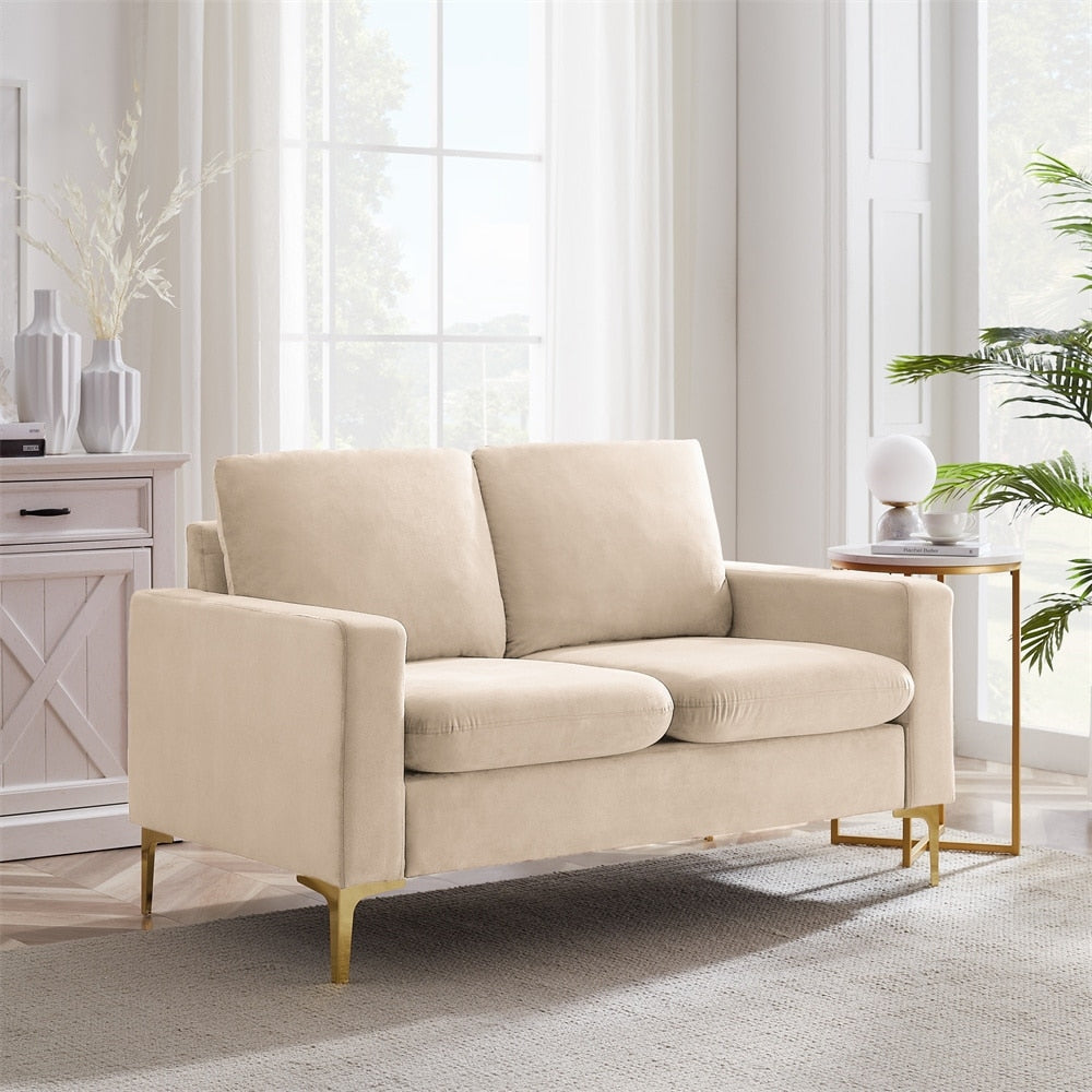 Orange Velvet Loveseat With Gold Metal Legs Square Armrest Small Sofa Couch Y21704
