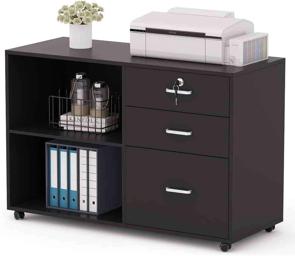3 Drawer Wood File Cabinets with Lock and Wheels (Black) H622