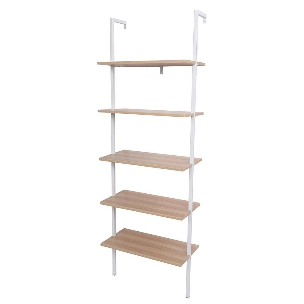 Walnut Beige 5-Tier Wood Ladder Bookcase with Metal Frame X199