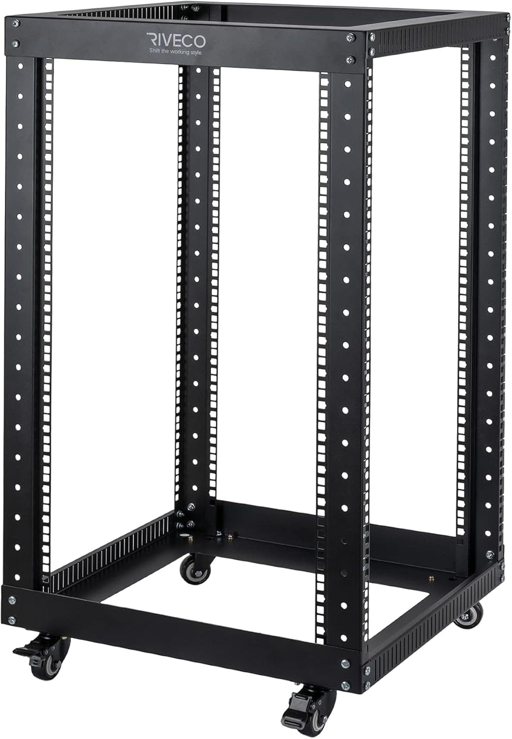 18U 4 Post Open Frame Server Rack with Brake Casters Black W1411