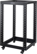 18U 4 Post Open Frame Server Rack with Brake Casters Black W1411