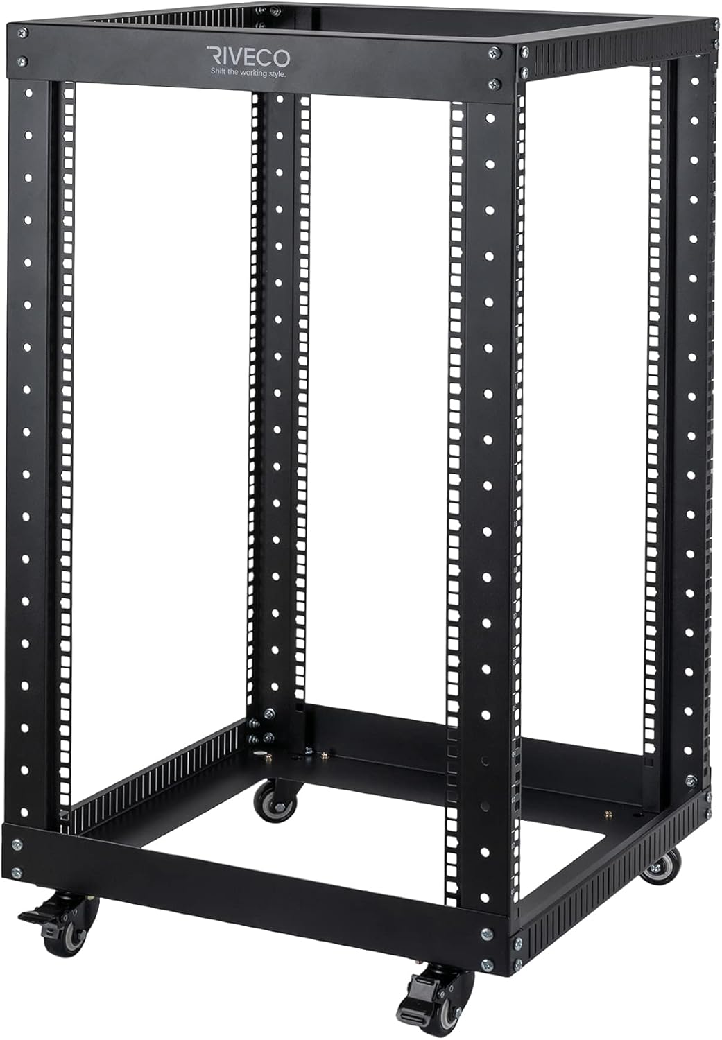 18U 4 Post Open Frame Server Rack with Brake Casters Black W1411
