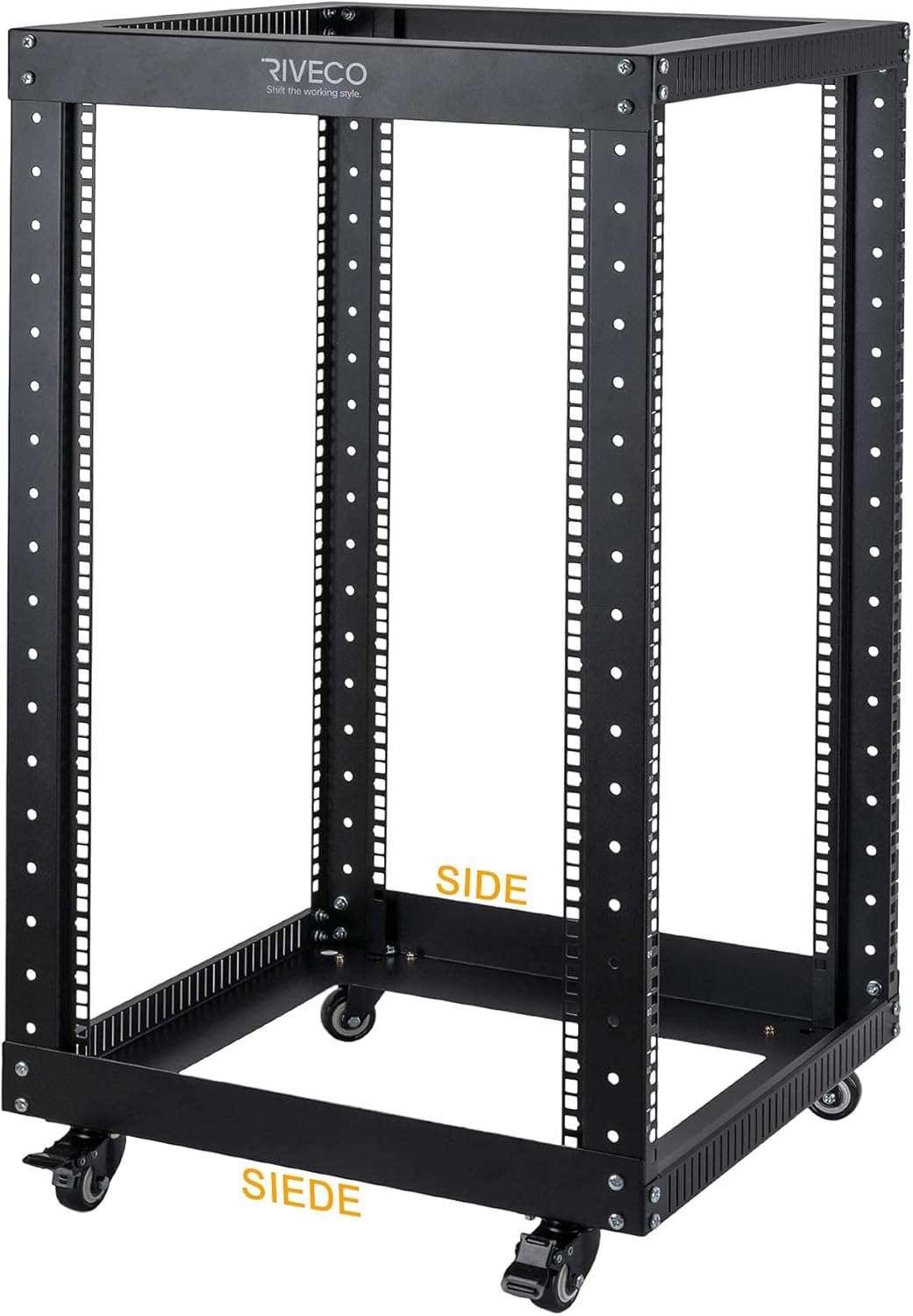 18U 4 Post Open Frame Server Rack with Brake Casters Black W1411