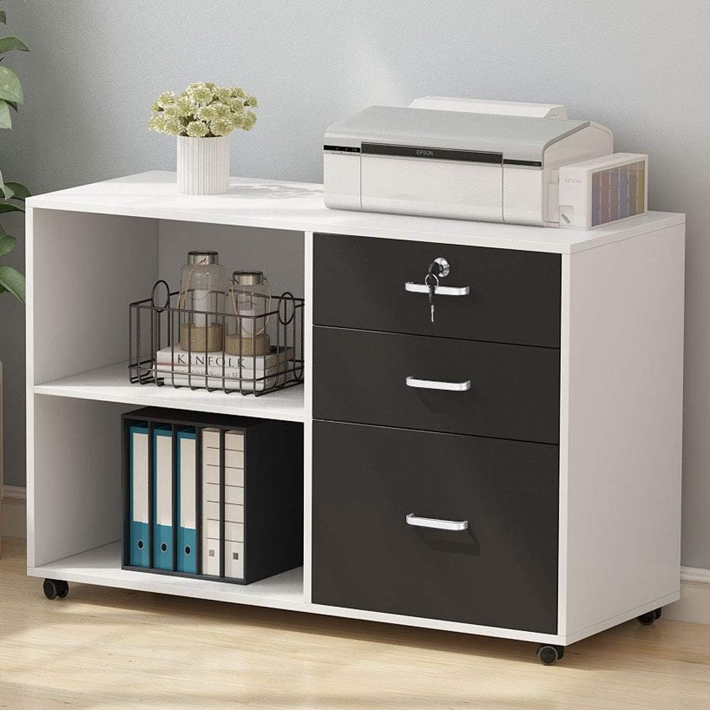 3 Drawer Wood File Cabinets with Lock and Wheels (Black) H622