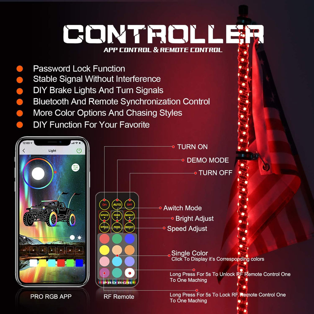 2PCS 5FT LED Whips Light with Remote and app H5206