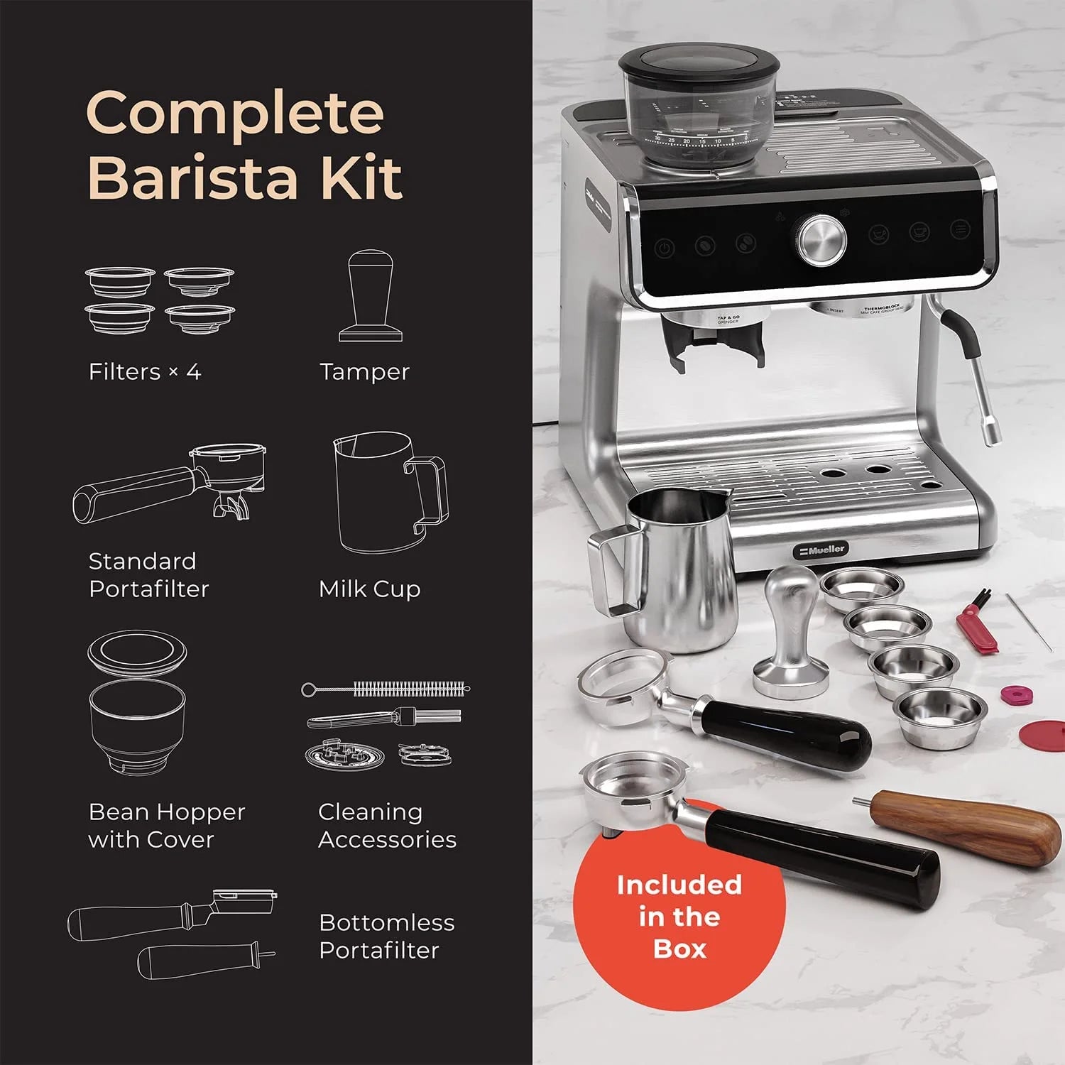 Stainless Steel Espresso Machine with Milk Frother and Grinder J523