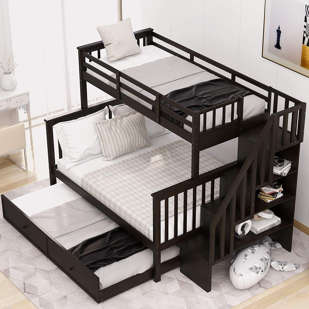 Twin-Over-Twin Solid Pine Wood Bunk Bed with Trundle and 4 Storage Drawers D1784