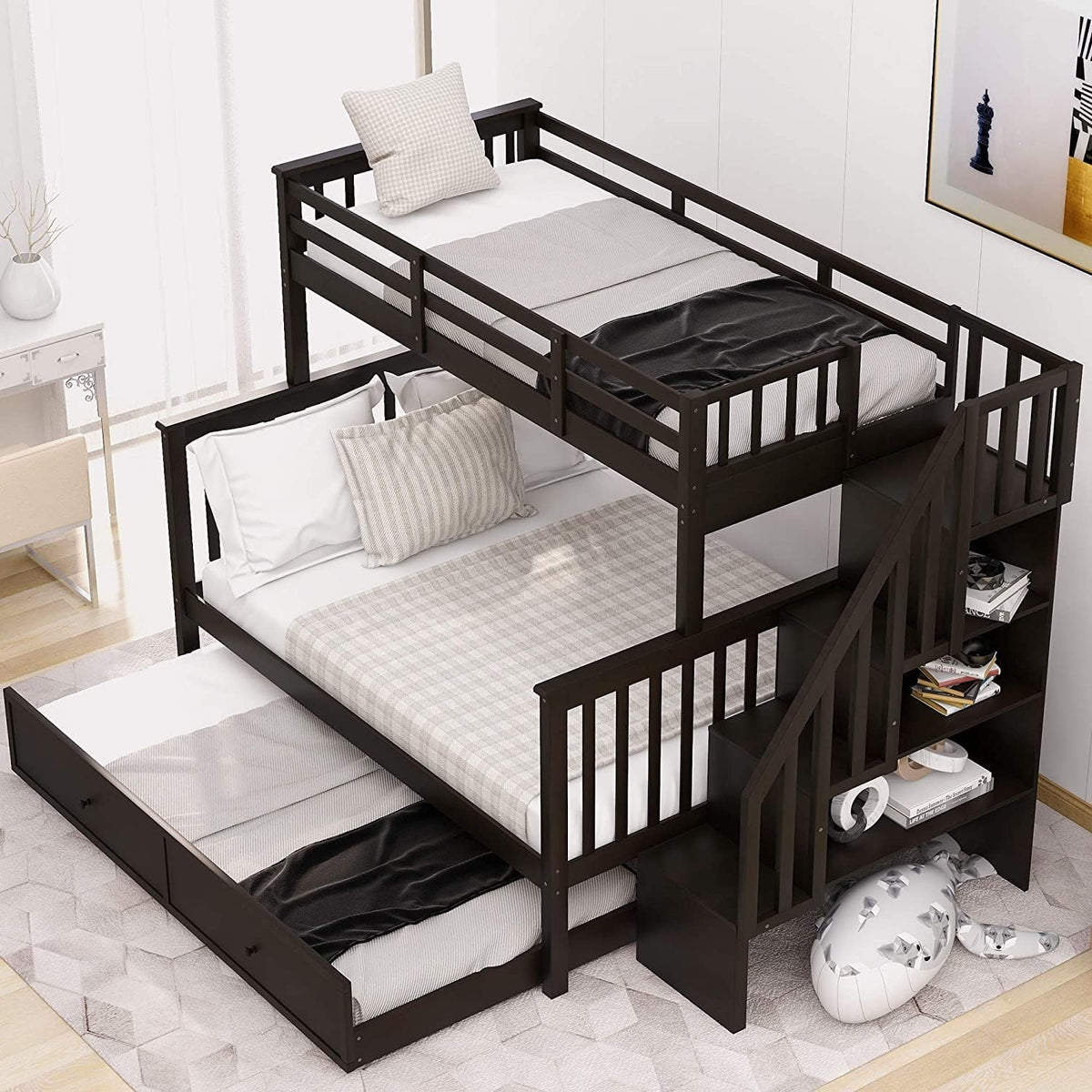 Twin-Over-Twin Solid Pine Wood Bunk Bed with Trundle and 4 Storage Drawers D1784