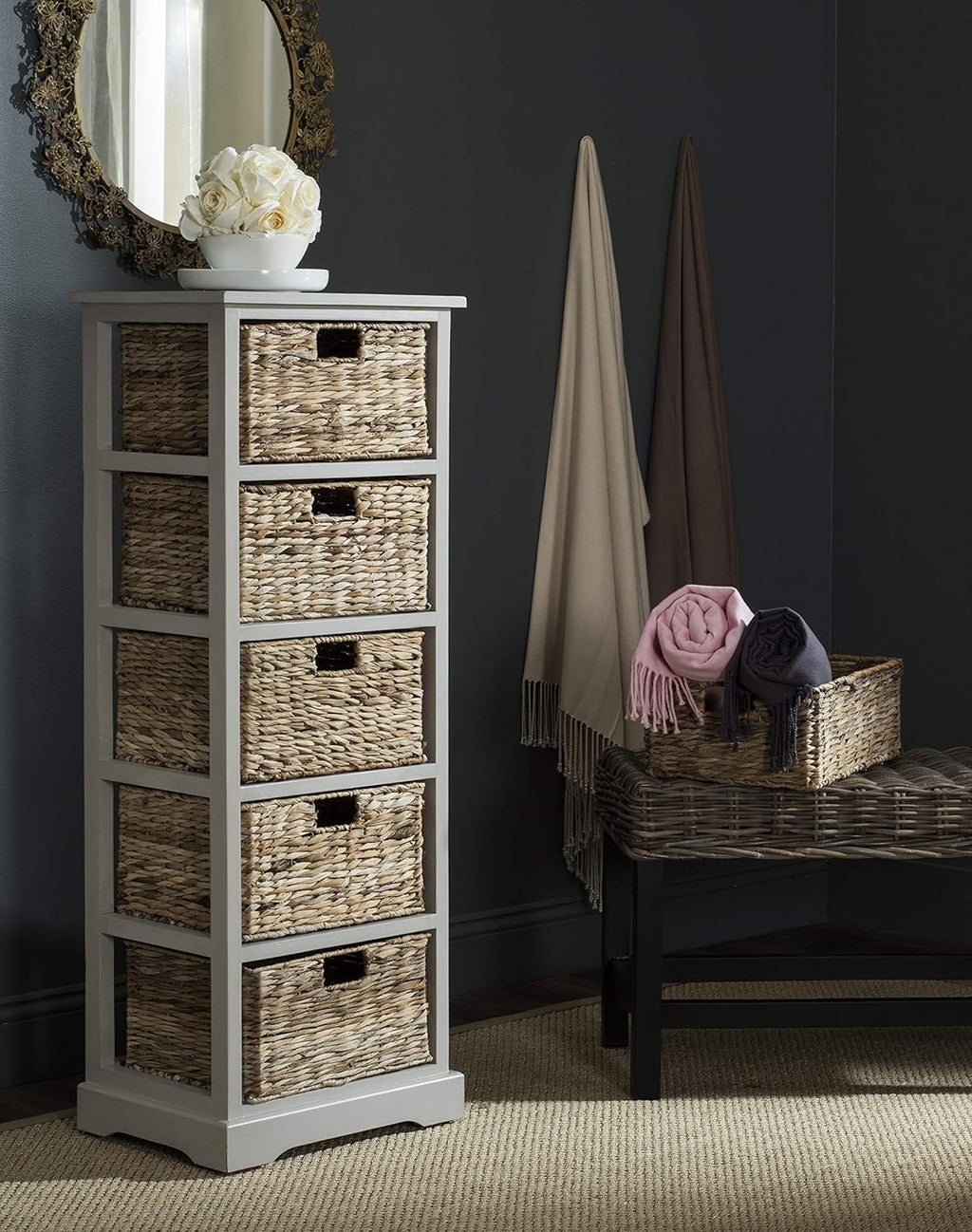 Black Wicker Basket Storage Tower I58287