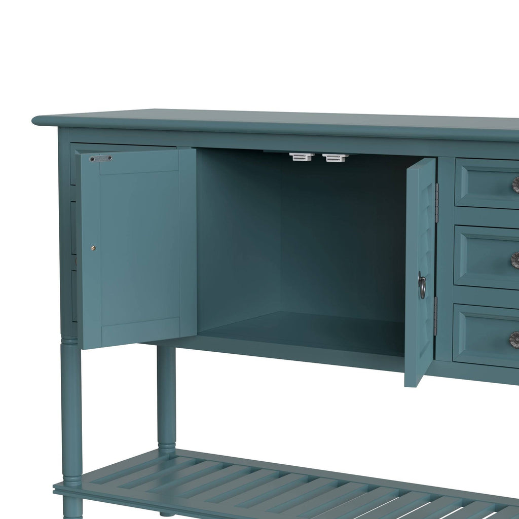 Green Wood Console Table with 6 Drawer and 1 Cabinet and 1 Shelf Q30119
