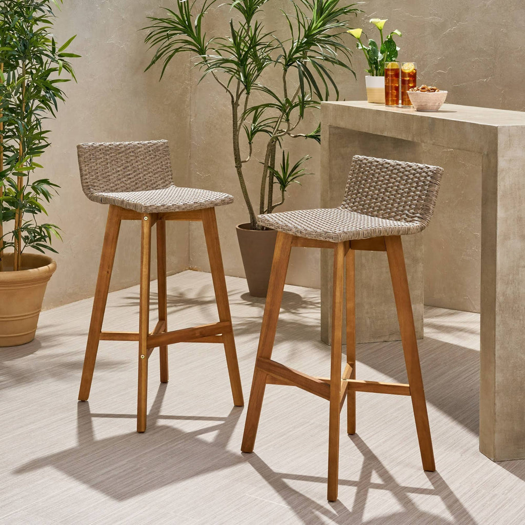 2pk Acacia Wood Wicker Patio Barstools Brown J35231