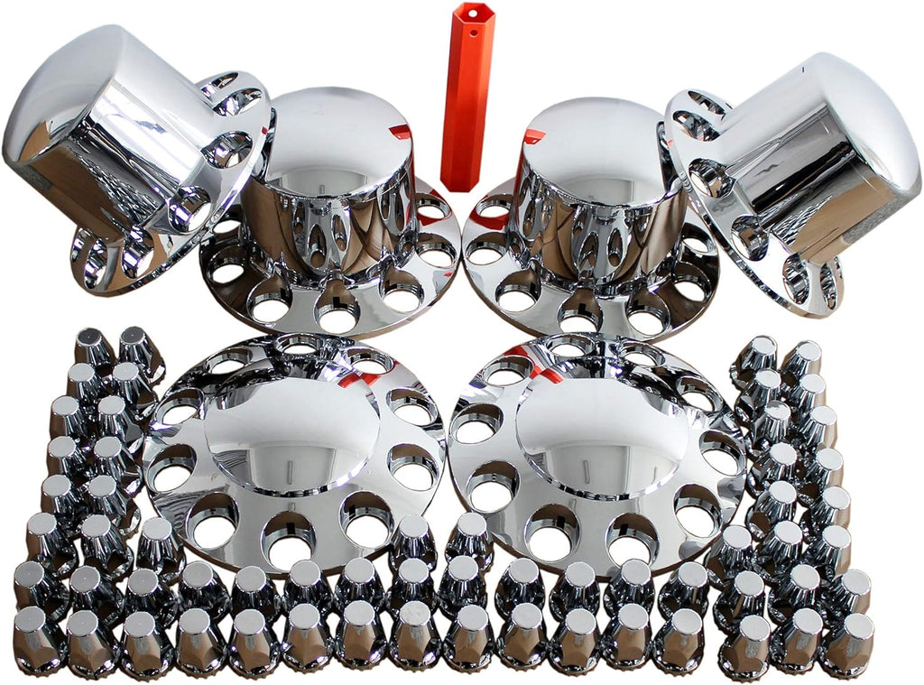Chrome ABS Complete Axle Cover Set with Standard Hub Caps and 33mm Screw-On Lug Nut Covers for Semi Trucks S995