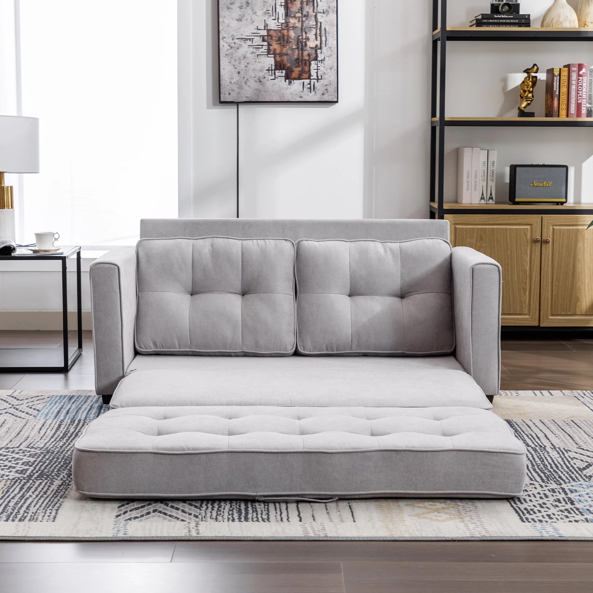 Grey Upholstered Loveseat Sofa with Pull-Out Bed B12129