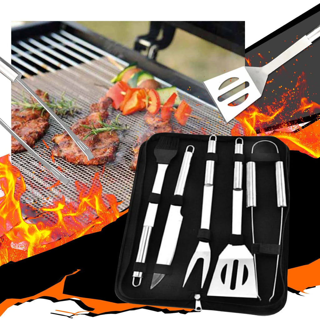 5PCS Stainless Steel BBQ Grill Utensils Kit with Case H147