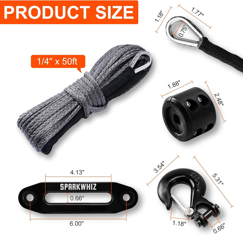 Synthetic Winch Rope Kit, 1/4" x 50ft 8200 LBS with Protective Sleeve, Fairlead, Stopper, Hook, Pack of 2 E635345