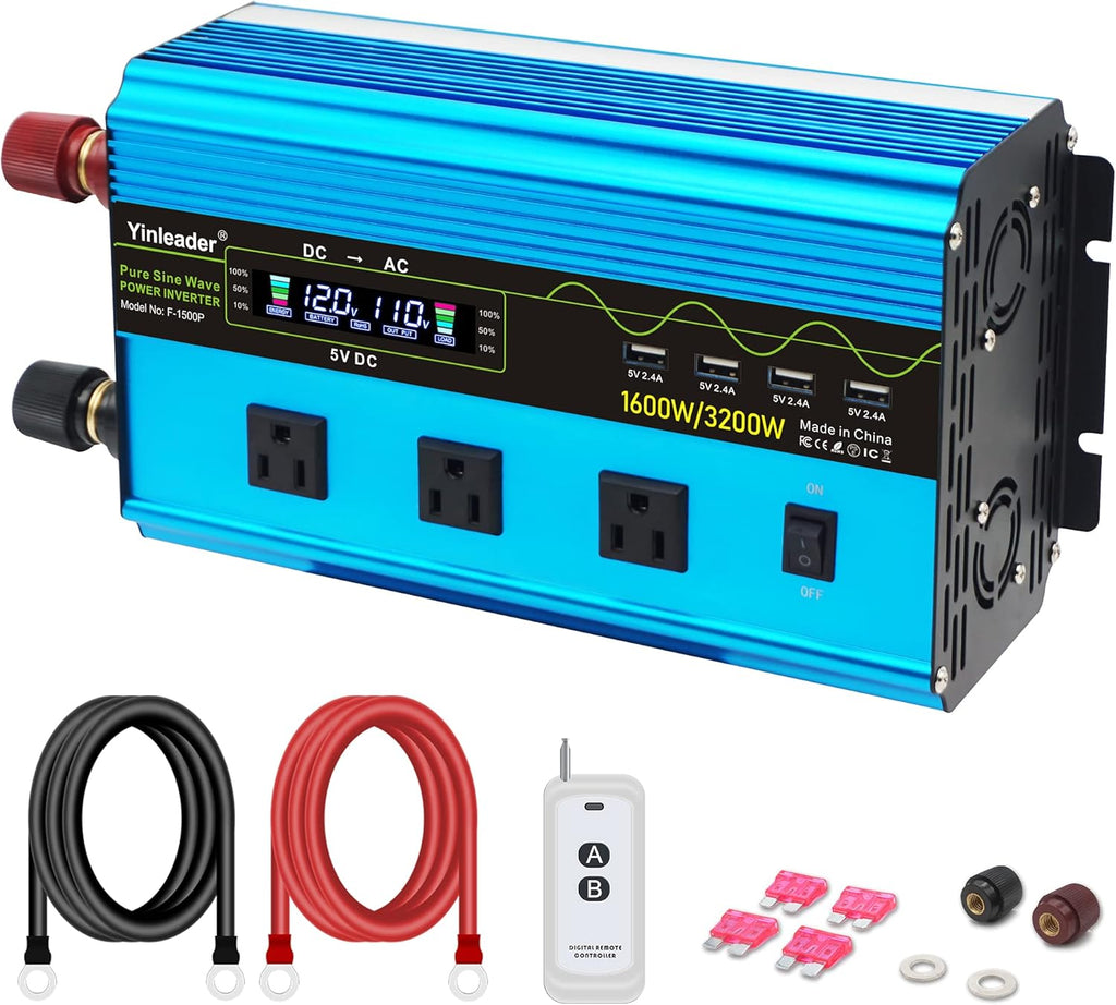 4000W Pure Sine Wave Power Inverter 12V DC to 110V 120V AC with 4 AC Outlets and 3.1A USB Port W651