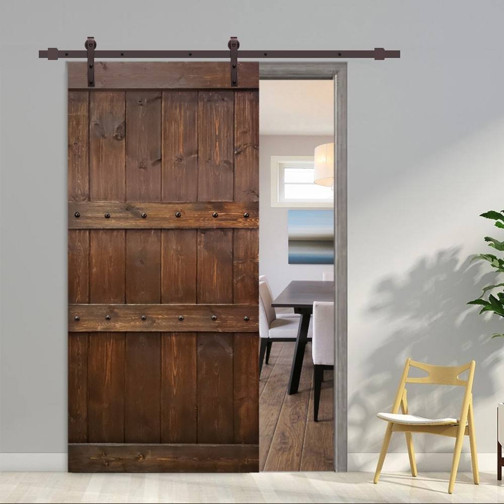 Brown Stained Solid Pine Wood Interior Sliding Barn Door with Hardware Kit B507