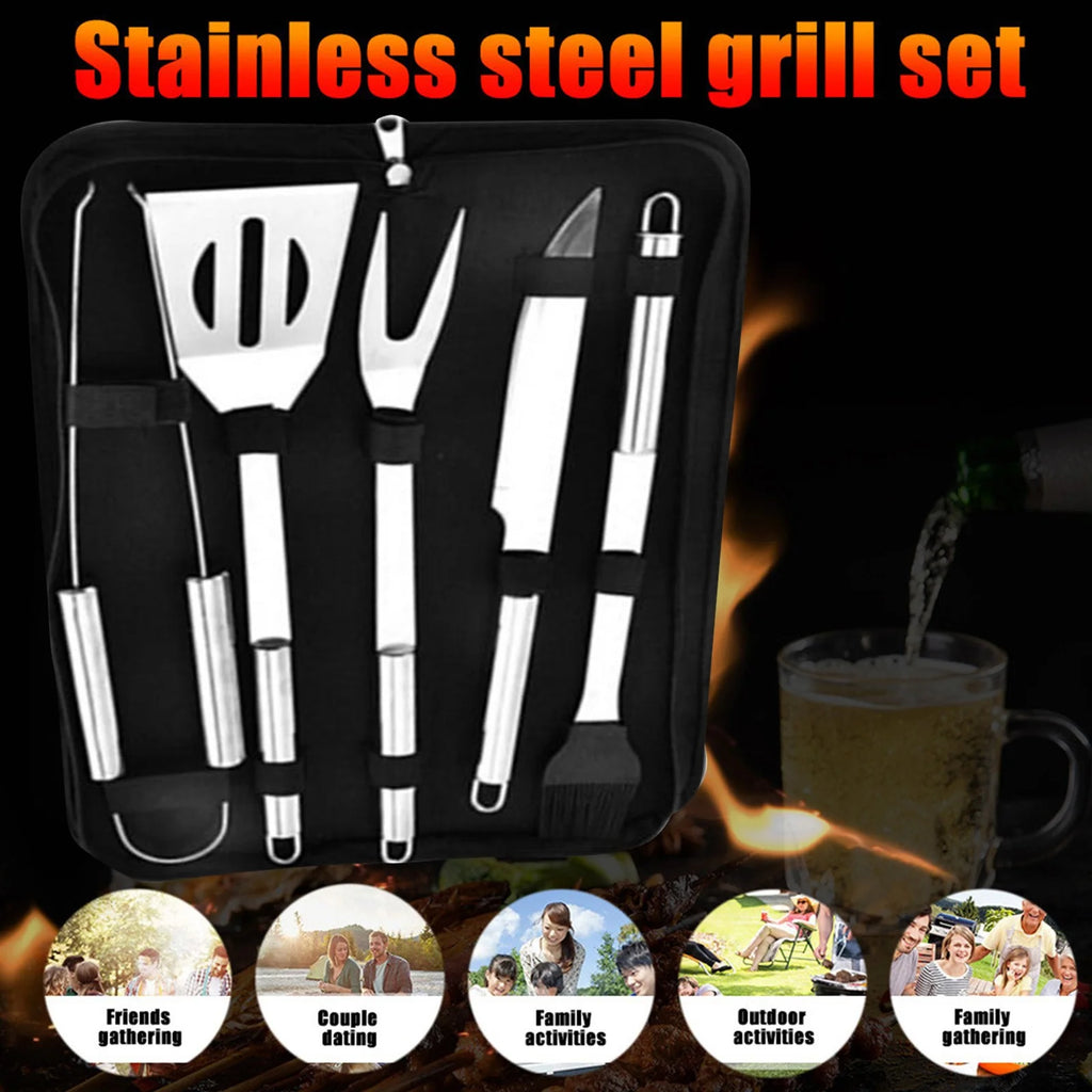 5PCS Stainless Steel BBQ Grill Utensils Kit with Case H147