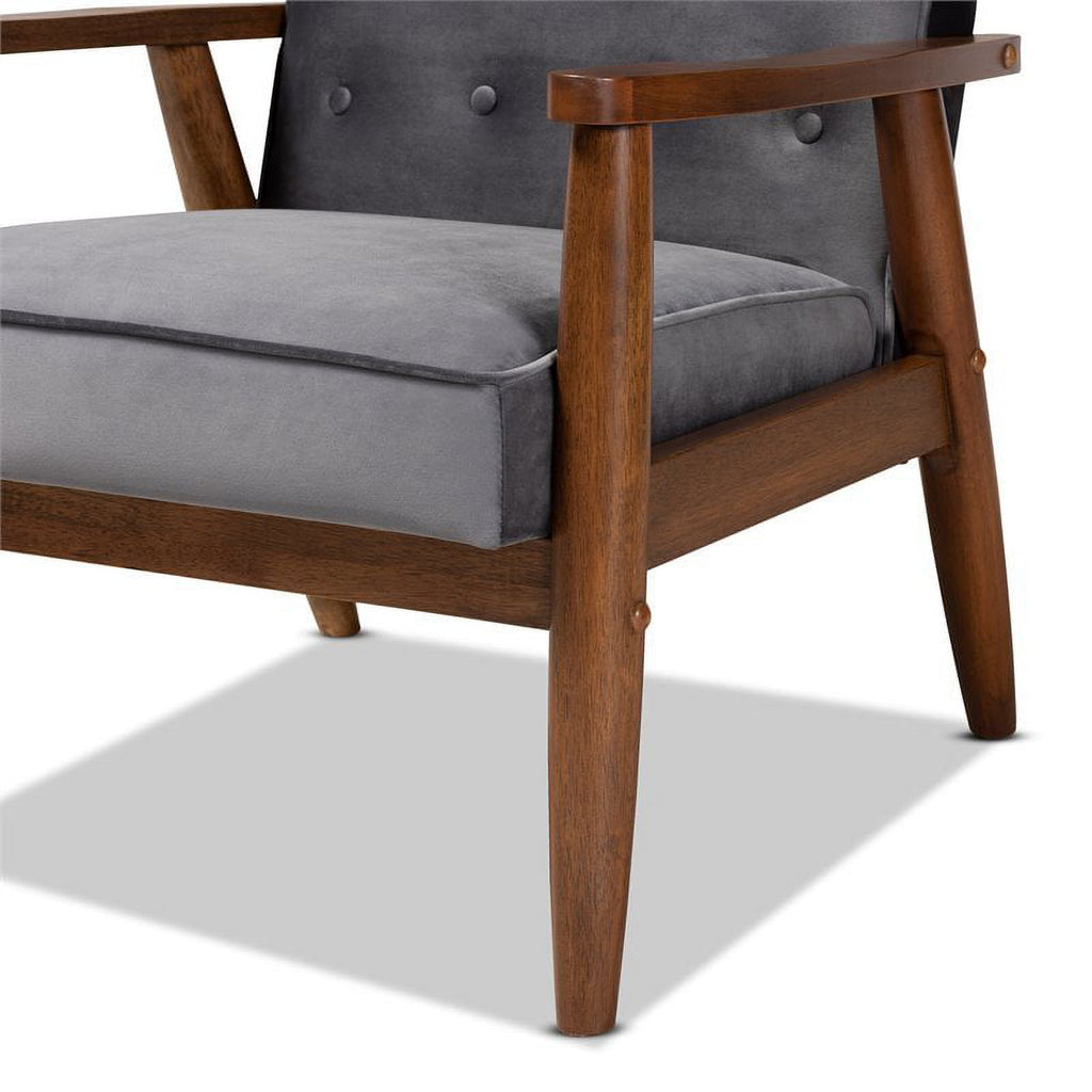Grey Velvet Upholstered Wood Lounge Chair I7649