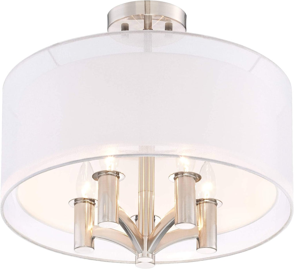 Semi Flush Mount Ceiling Light Brushed Nickel 18 Wide 5-Light White Linen Double Drum Shade R401104