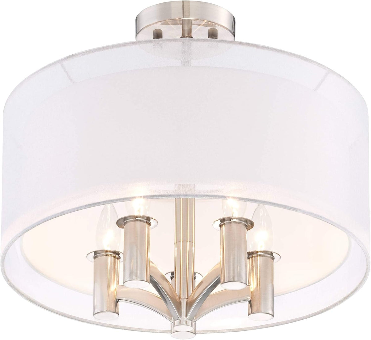 Semi Flush Mount Ceiling Light Brushed Nickel 18 Wide 5-Light White Linen Double Drum Shade R401104