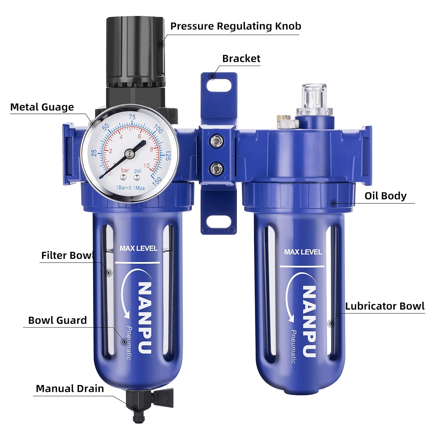 1/4 NPT Compressed Air Filter Regulator Lubricator, Zinc Alloy, 5 Micron Brass Element, 0-150 psi Gauge, Manual Drain D86422