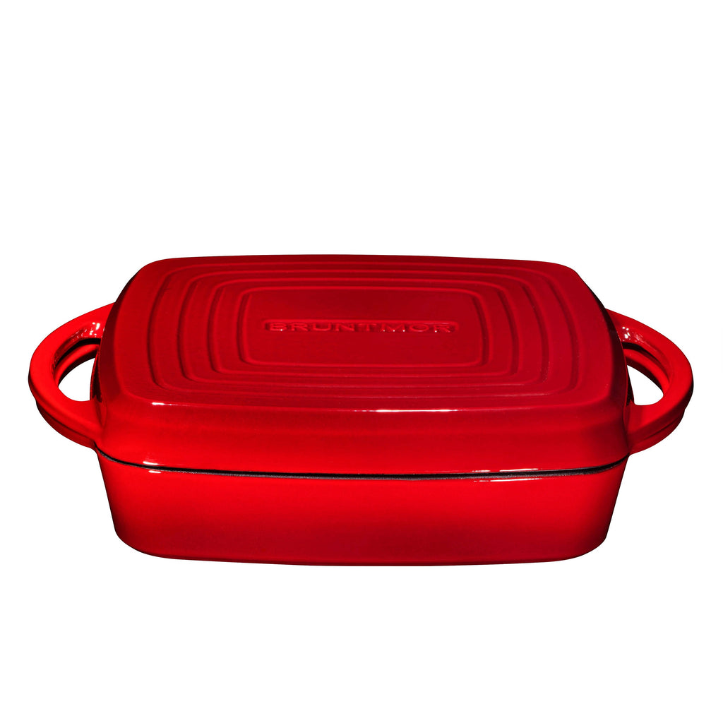 Fire Red Enameled Cast Iron Square Casserole Baking Pan with Griddle Lid H66149