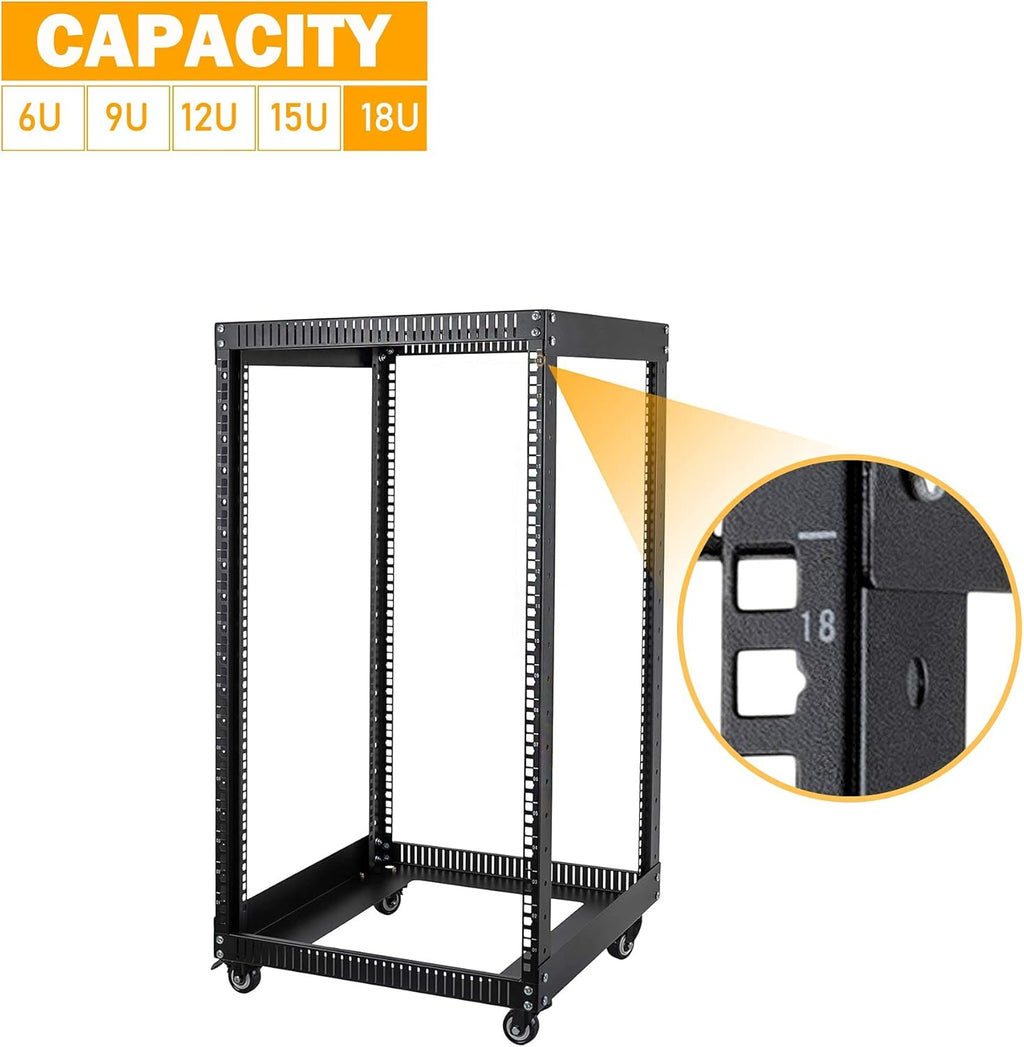 18U 4 Post Open Frame Server Rack with Brake Casters Black W1411