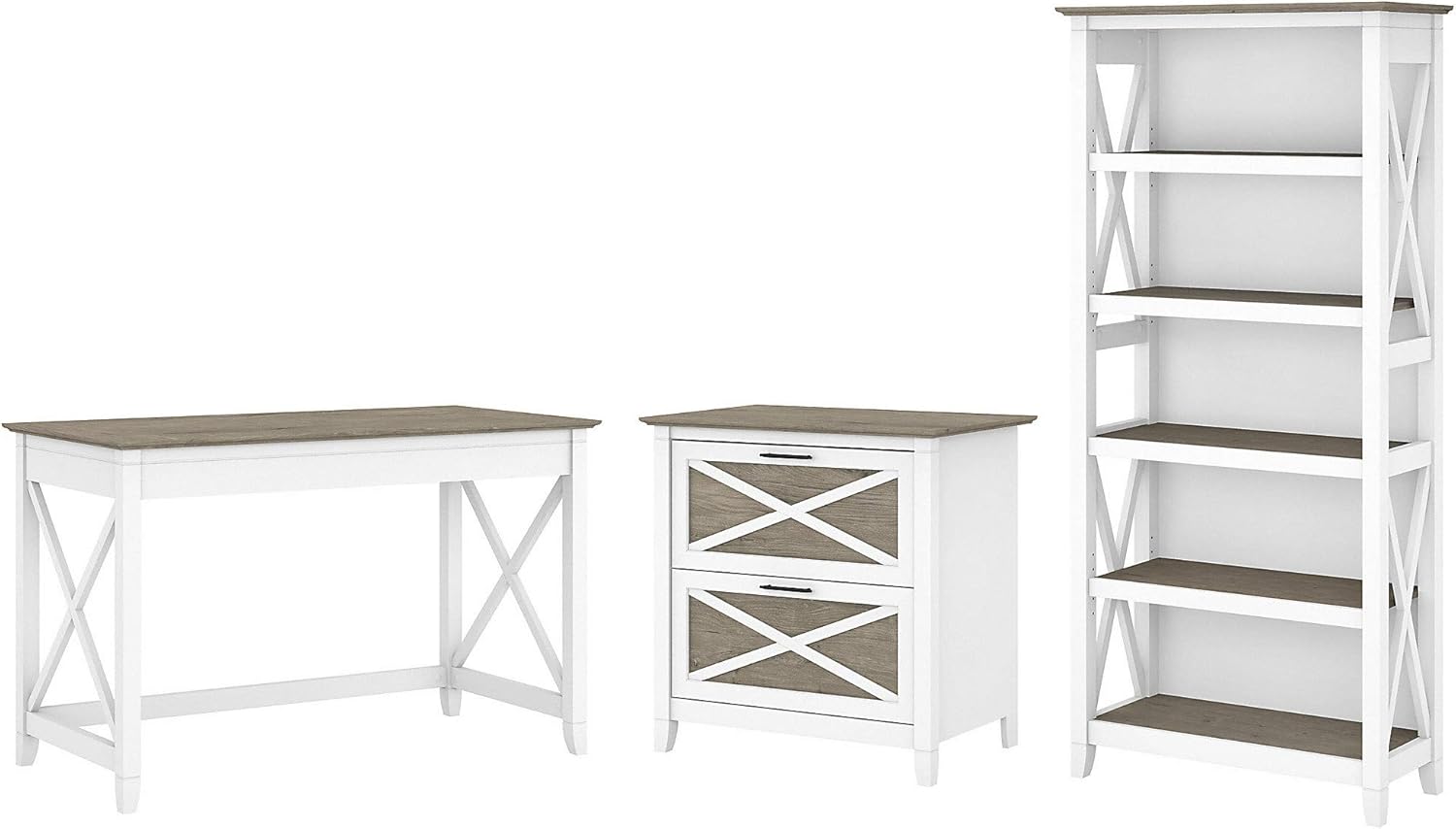 48W Dark Gray Hickory Writing Desk with 2 Drawer Lateral File Cabinet and 5 Shelf Bookcase X159607