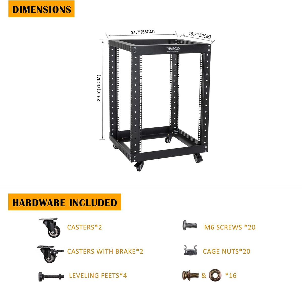 18U 4 Post Open Frame Server Rack with Brake Casters Black W1411