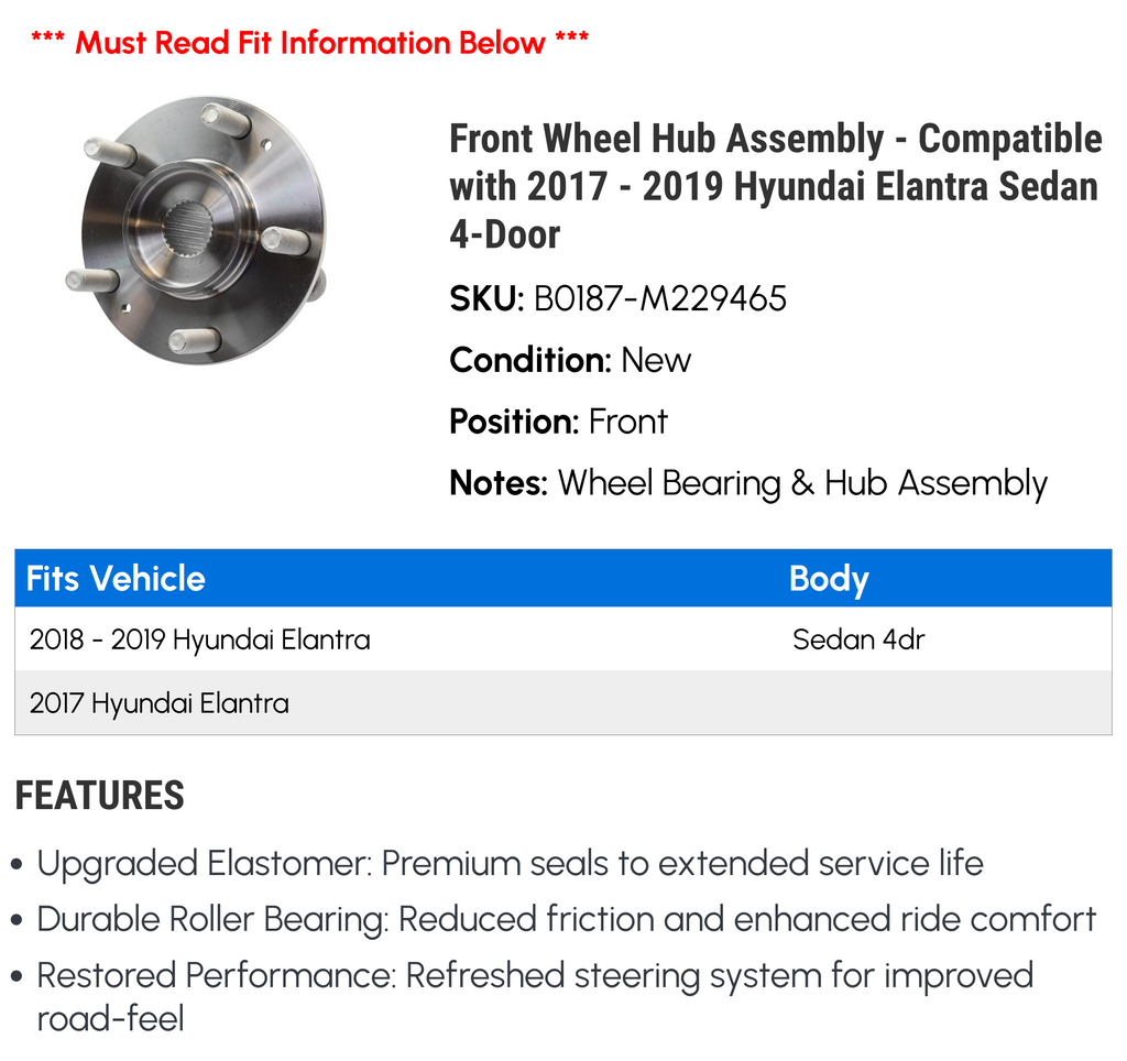 Front Wheel Hub Assembly for 2017-2019 Hyundai Elantra Sedan 4-Door N900