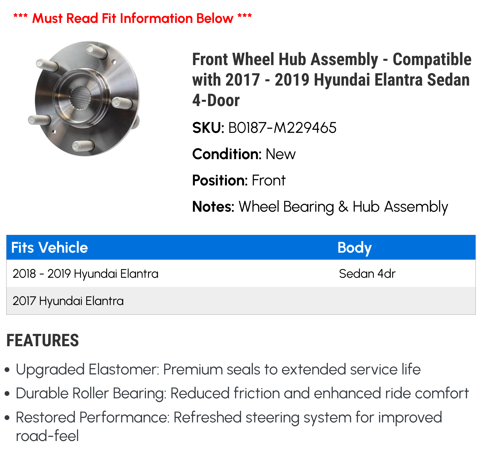 Front Wheel Hub Assembly for 2017-2019 Hyundai Elantra Sedan 4-Door N900