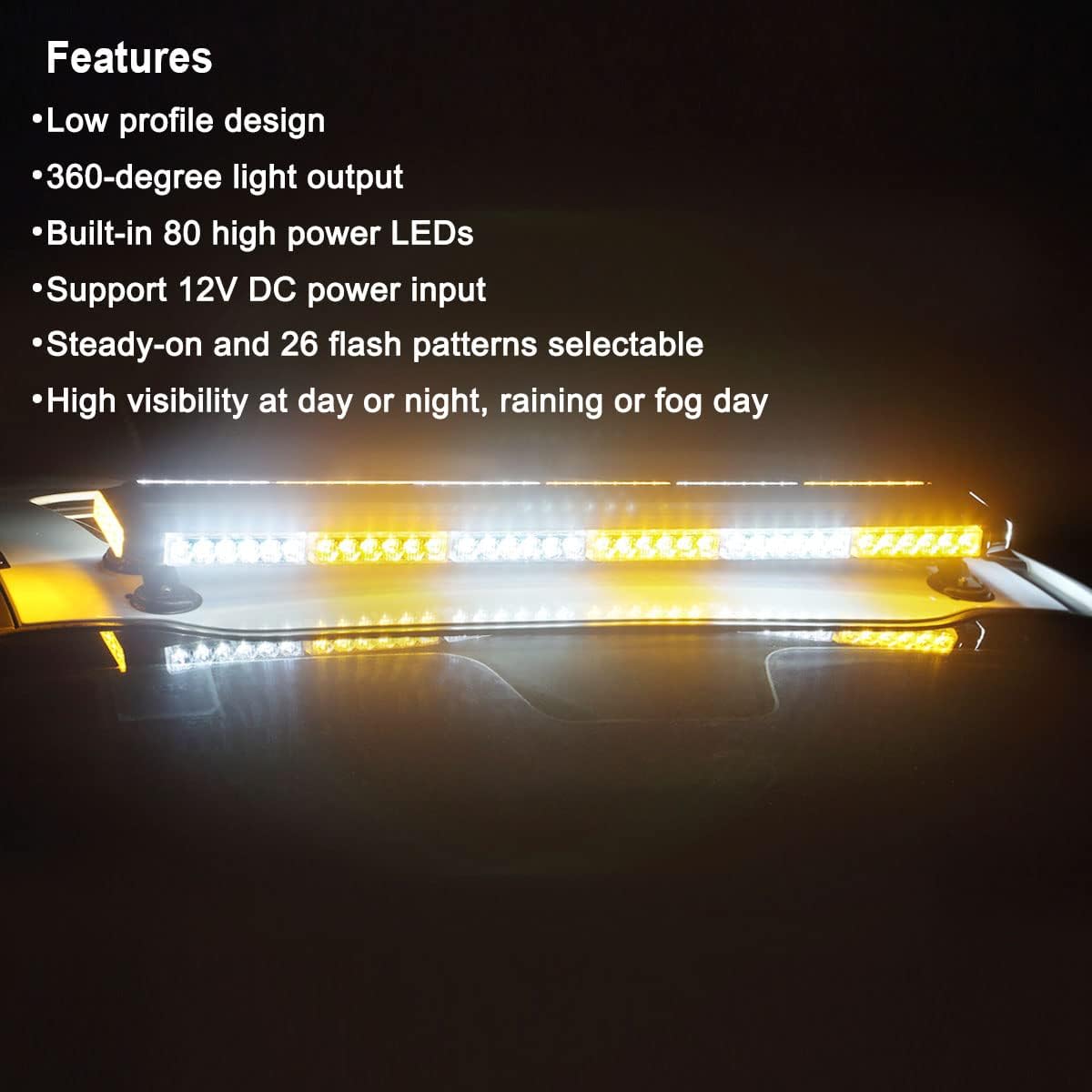 80 LED Amber White Emergency Strobe Light Bar with Strong Magnetic Double Side A768