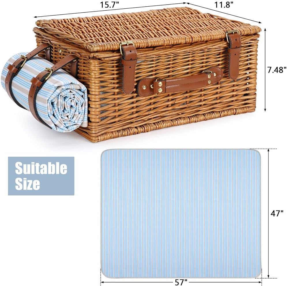 Picnic Basket Set for 2 Persons, Willow Hamper with Insulated Cooler Compartment, Waterproof Blanket and Cutlery Service Kit, Classical Brown Y347121