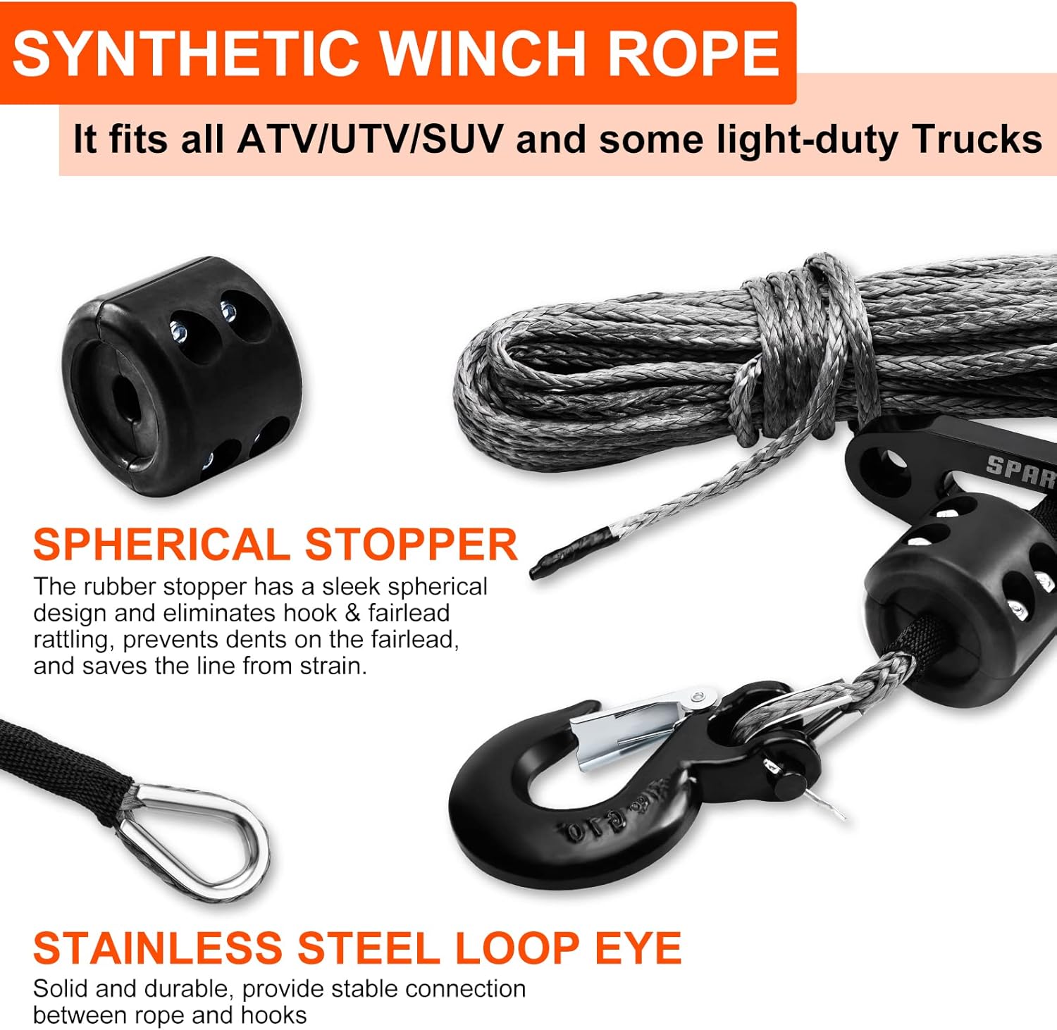 Synthetic Winch Rope Kit, 1/4" x 50ft 8200 LBS with Protective Sleeve, Fairlead, Stopper, Hook, Pack of 2 E635345