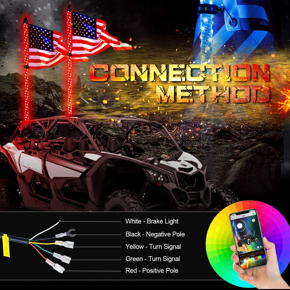2PCS 5FT LED Whips Light with Remote and app H5206