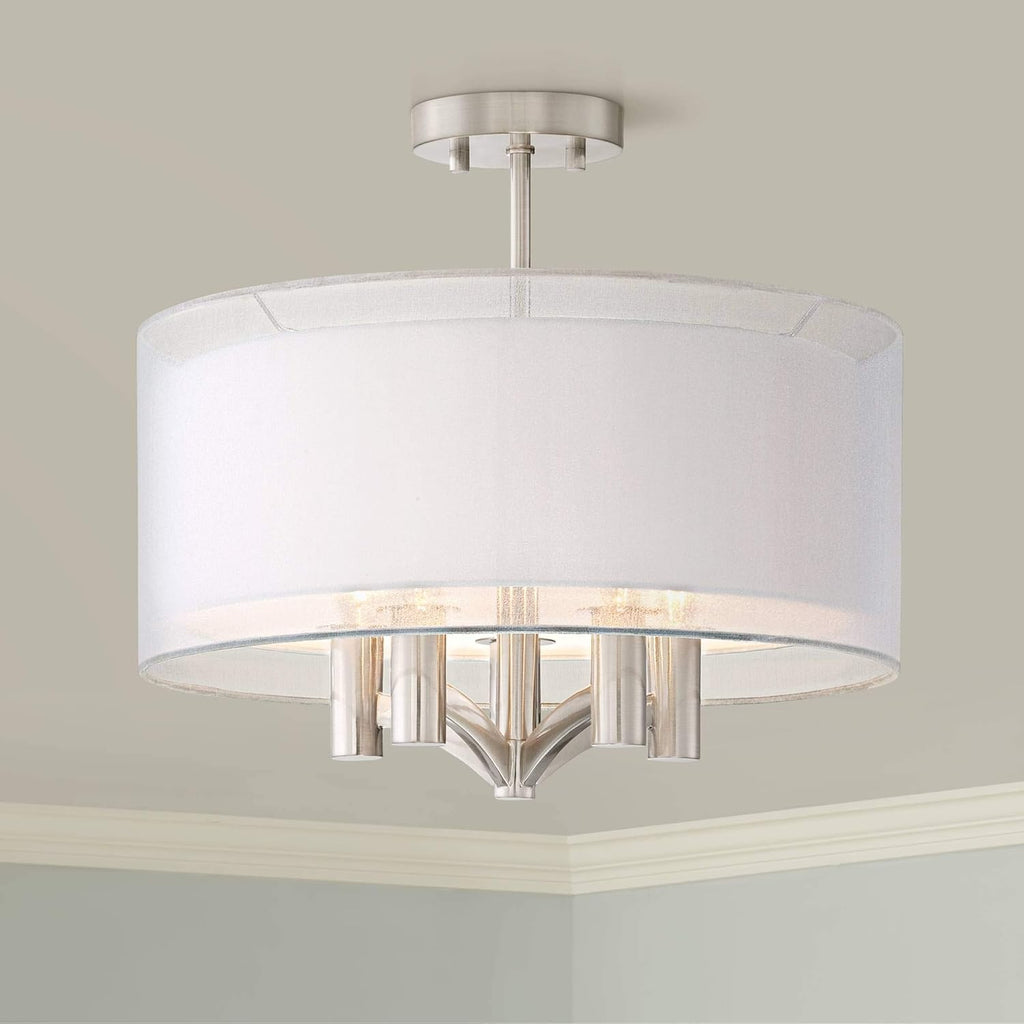 Semi Flush Mount Ceiling Light Brushed Nickel 18 Wide 5-Light White Linen Double Drum Shade R401104