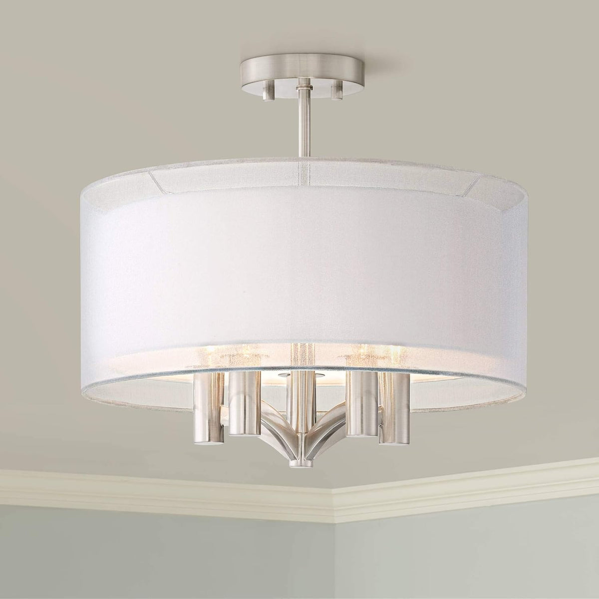 Semi Flush Mount Ceiling Light Brushed Nickel 18 Wide 5-Light White Linen Double Drum Shade R401104