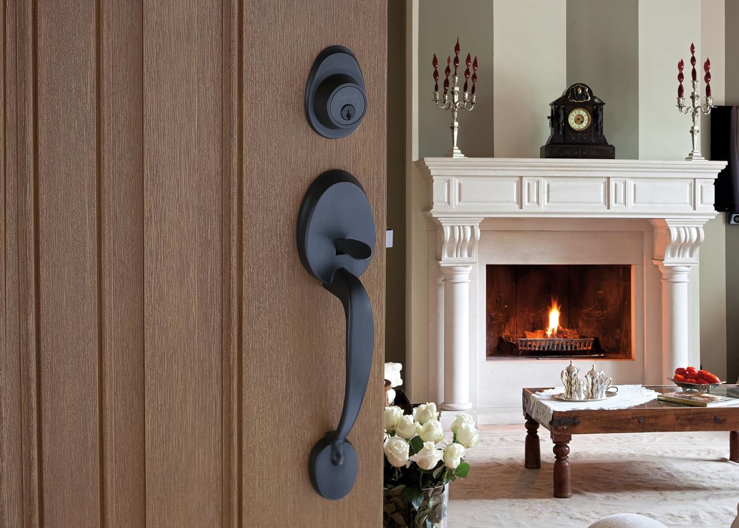 Tuscan Bronze Front Door Handle Set with Colonial Knob Trim M361