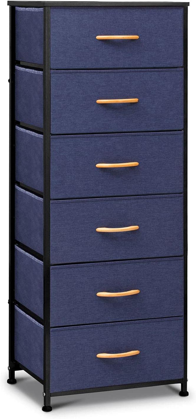 Gray Fabric 6 Drawer Vertical Storage Tower with Metal Frame and Wooden Top A9919