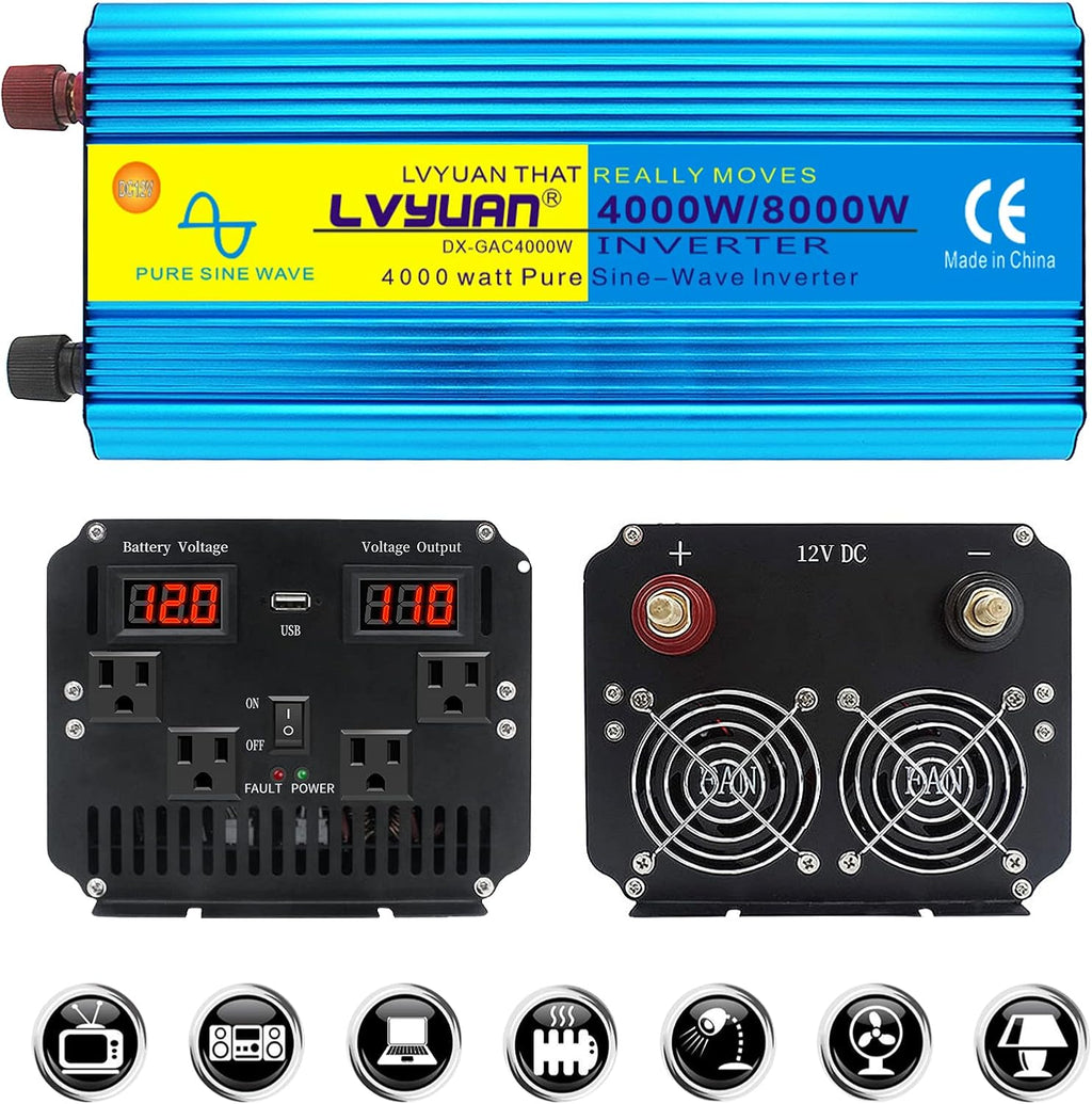 4000W Pure Sine Wave Power Inverter 12V DC to 110V 120V AC with 4 AC Outlets and 3.1A USB Port W651