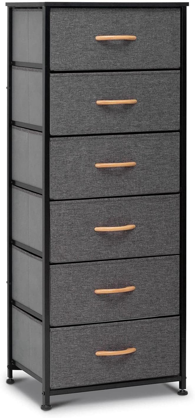 Gray Fabric 6 Drawer Vertical Storage Tower with Metal Frame and Wooden Top A9919