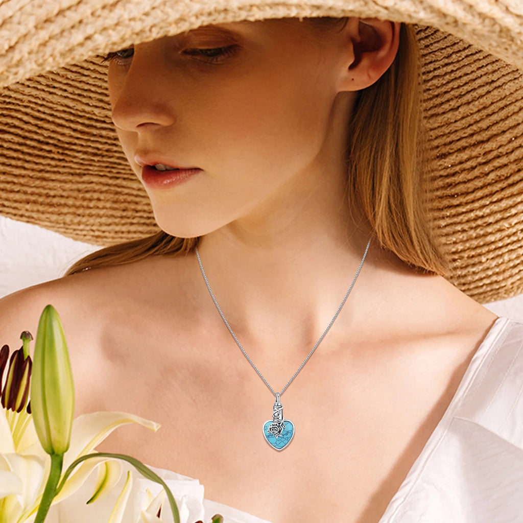 Natural Turquoise Urn Necklace Sterling Silver Heart Pendant Necklaces for Ashes A12170